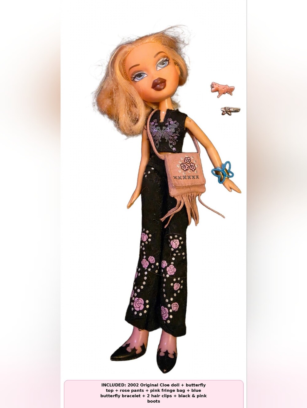 Rare-Bratz Original 2002 Cloe 2nd Ed Butterfly Top Rose Pants Fringe Bag Boots